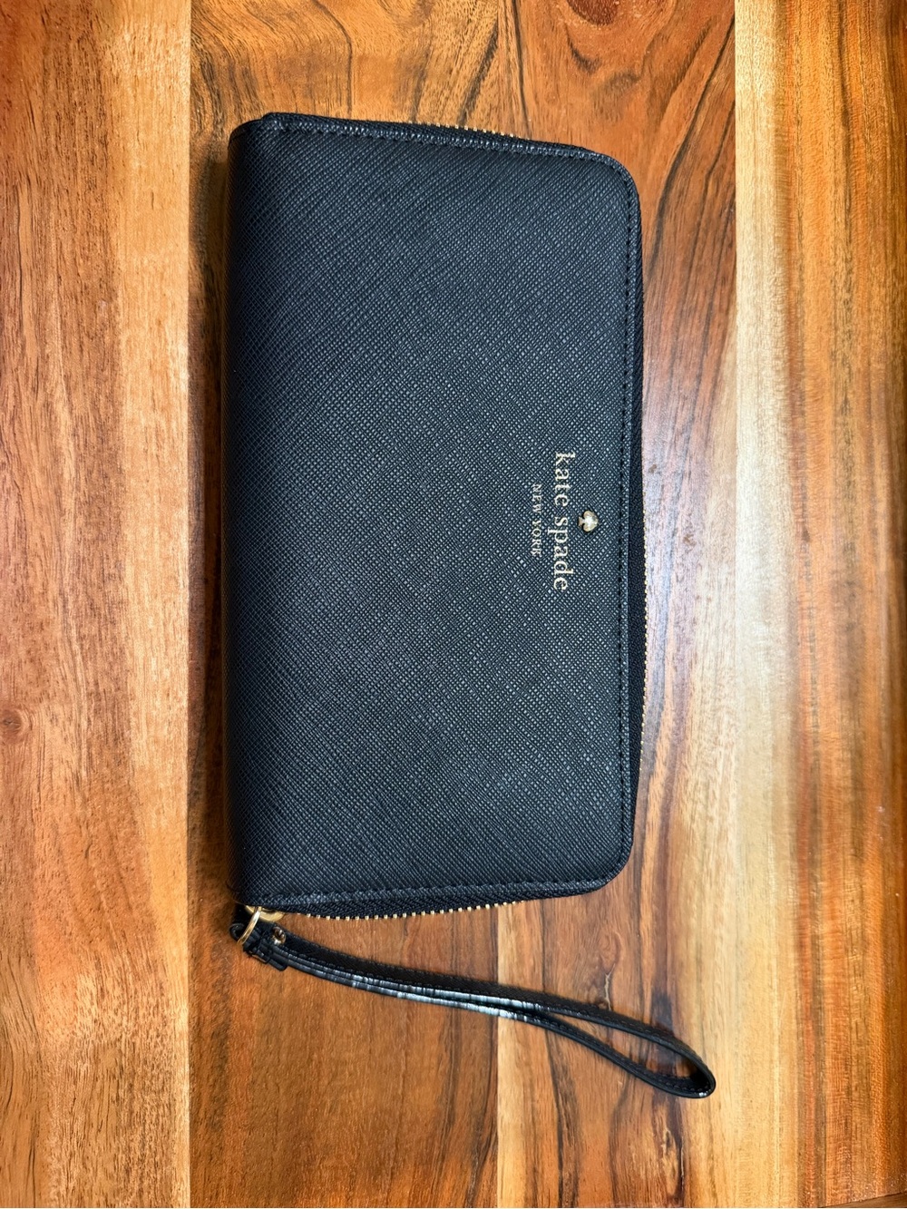 kate spade Black Saffiano Zip Wristlet Wallet with Gold Logo